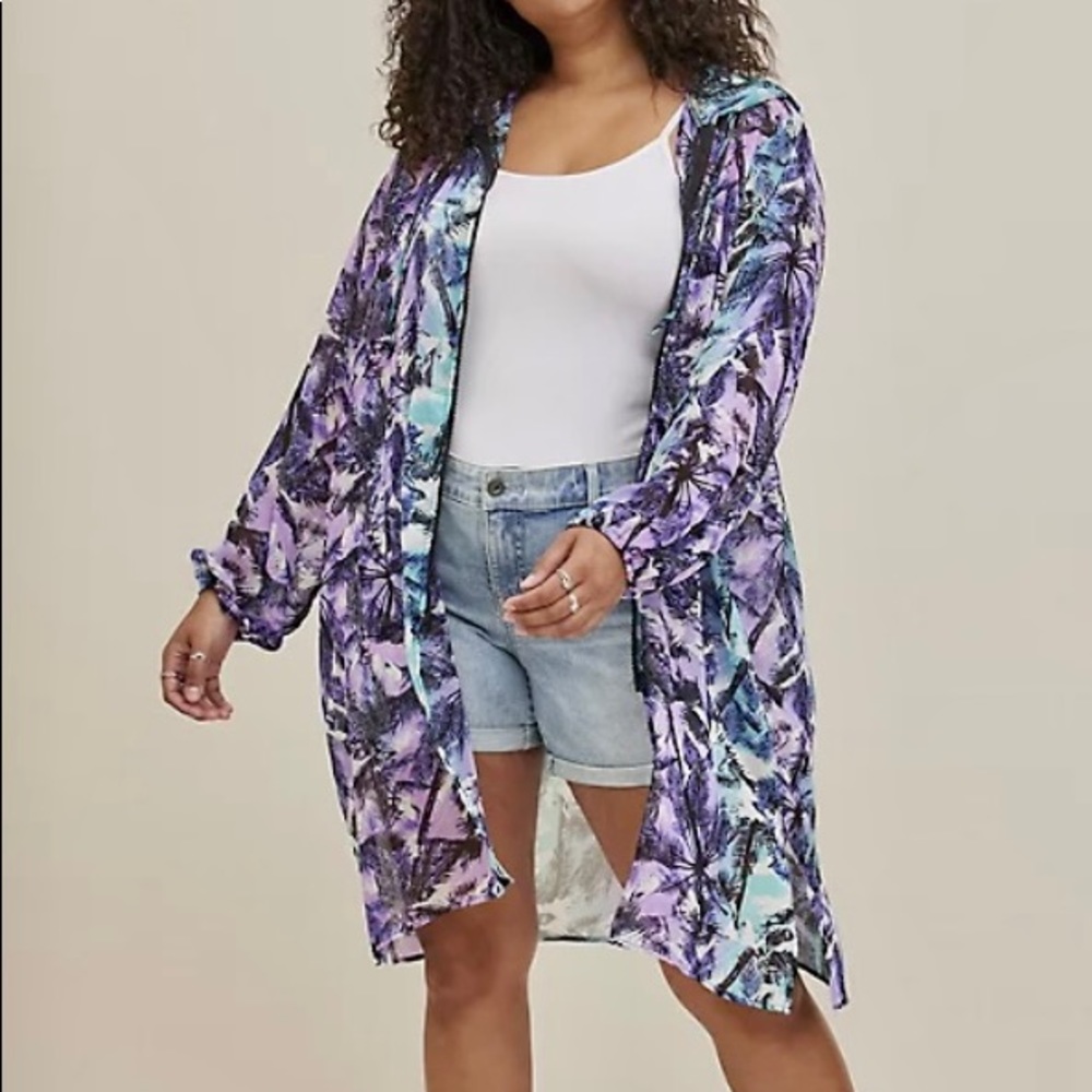 NWT Torrid 3X HOODED ANORAK KIMONO CHIFFON PALMS PURPLE TUNIC